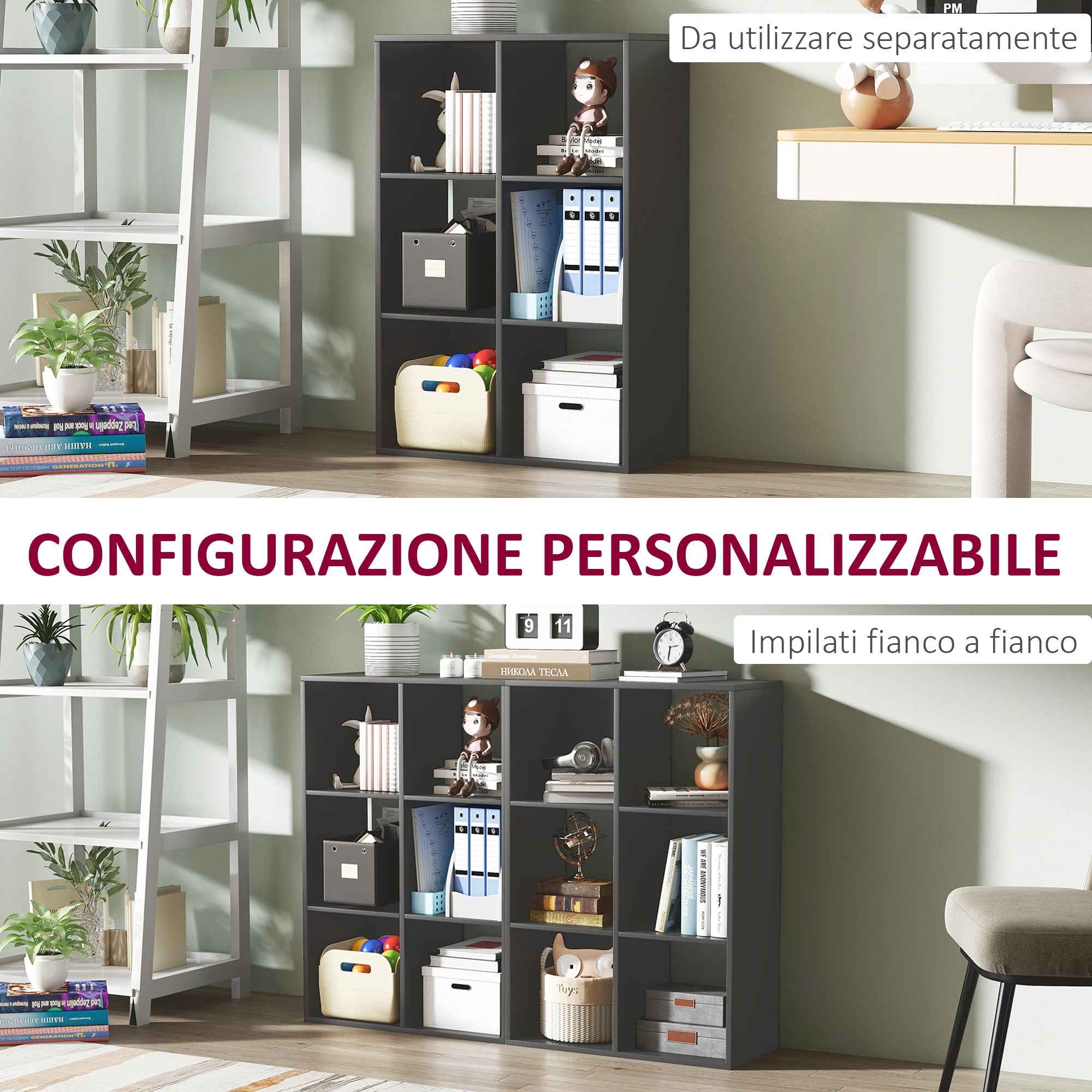HOMCOM Cube Bookcase with 6 Storage Shelves, Wooden, 61.5 x 29.5 x 91.5 cm, Black