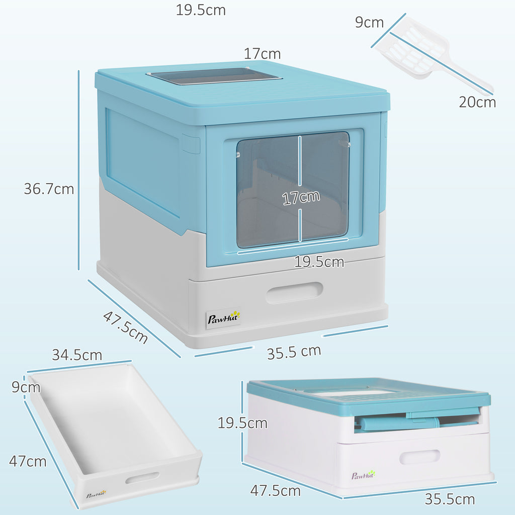 Enclosed Cat Litter Box with Scoop, Removable Tray and 2 Doors, 47.5x35.5x36.7cm, Blue