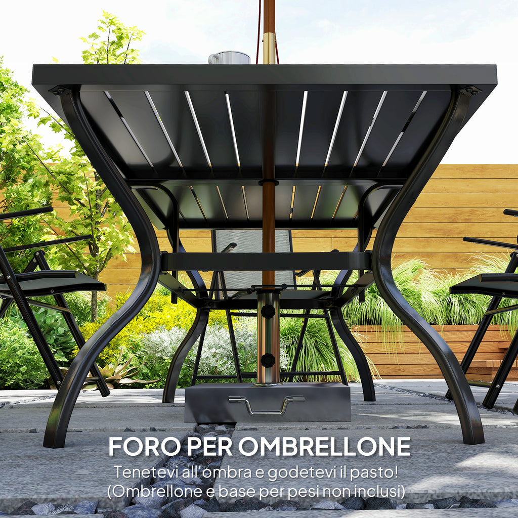 7-Piece Garden Set with Dining Table with Umbrella Hole and 6 Folding Chairs, Gray