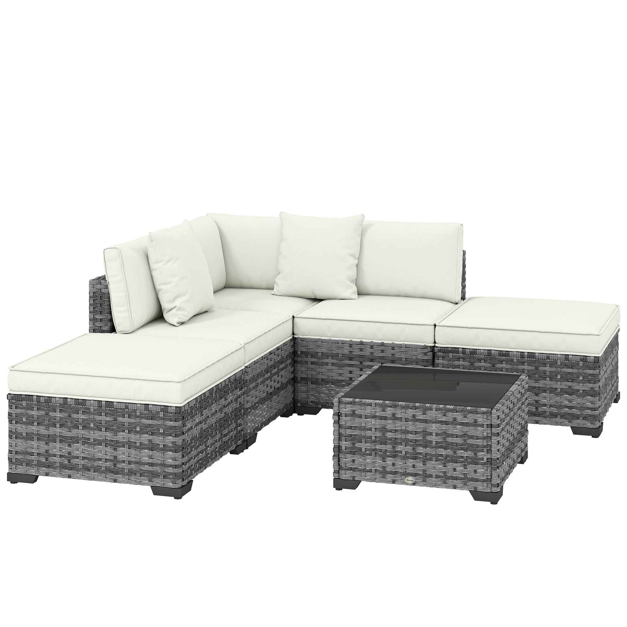 Outsunny 6-Piece Rattan and Steel Garden Furniture Set with Sofa, Coffee Table, and Cushions, Grey