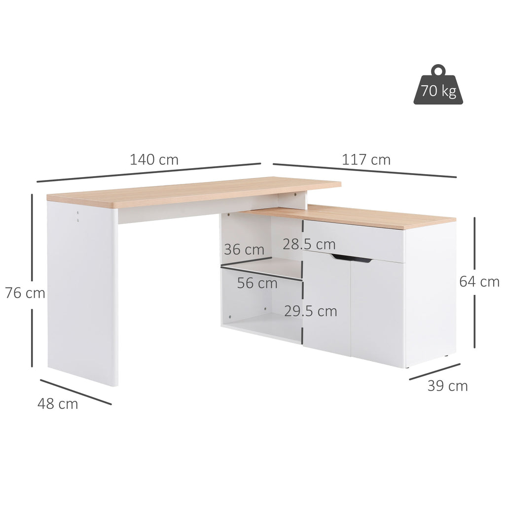 Corner Desk with 2-Tier Bookcase, Cabinet and Drawer, 140x117x76 cm, Wood and White