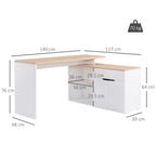 Corner Desk with 2-Tier Bookcase, Cabinet and Drawer, 140x117x76 cm, Wood and White