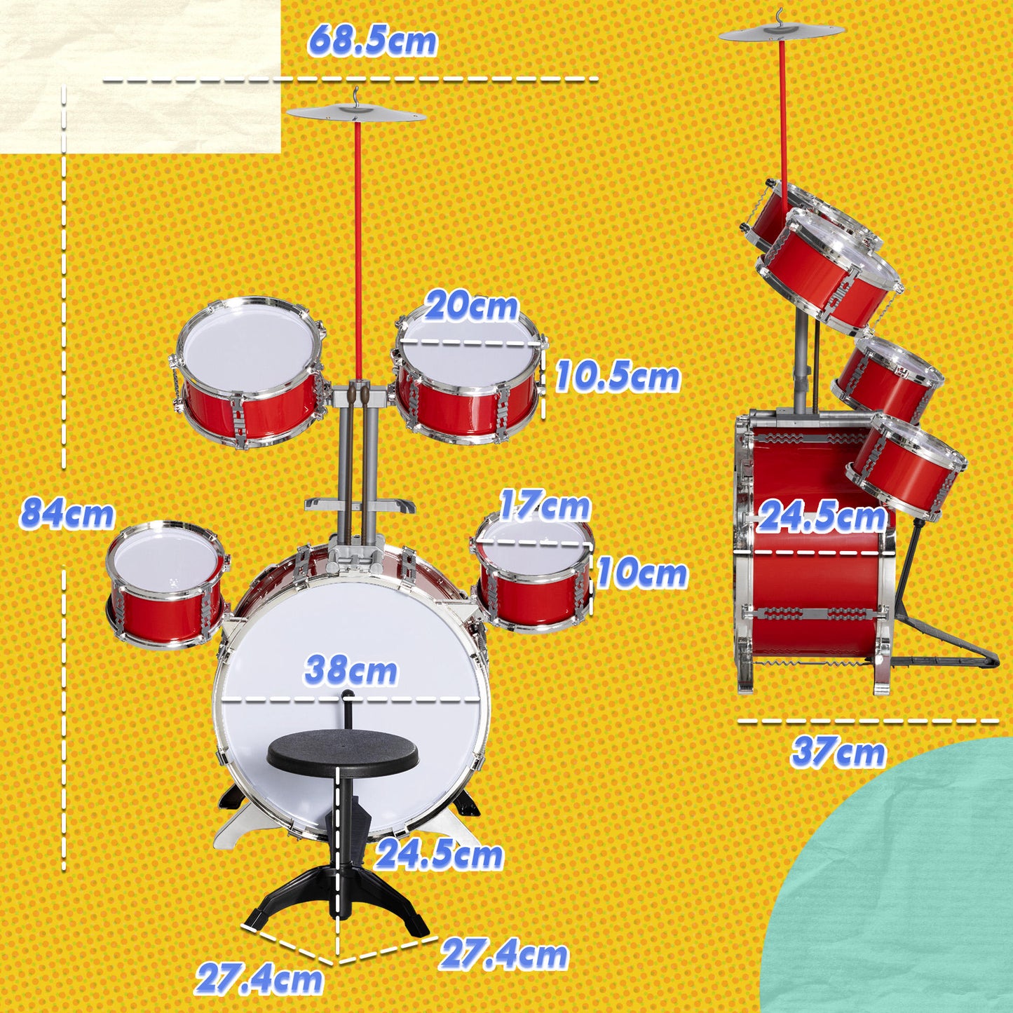 AIYAPLAY 5-Piece Kids Drum Set with Bass Drum with Pedal, Drums, Cymbal and Stool, Ages 3-6 Years, Red