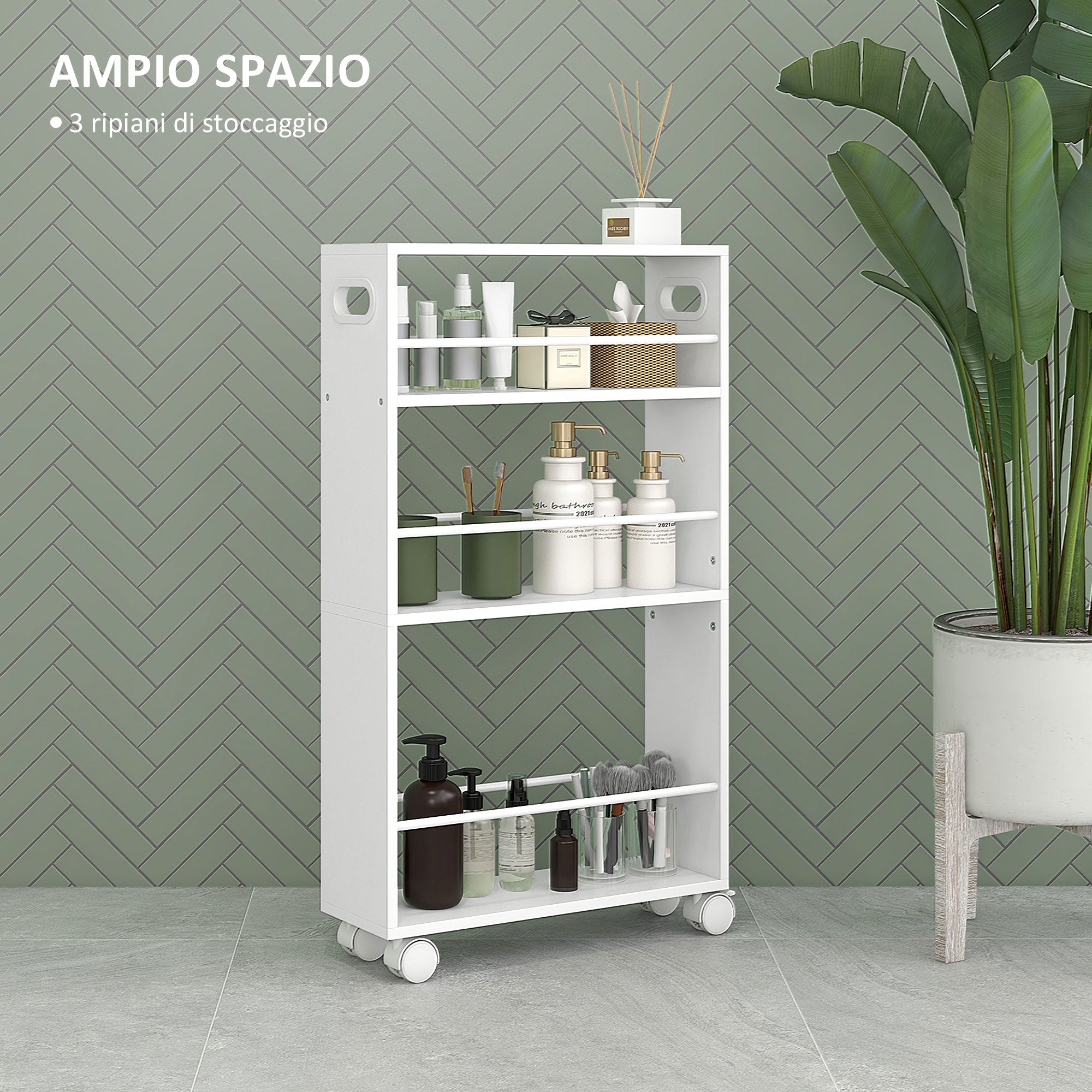 Space-Saving 3-Tier Kitchen and Bathroom Cart with Side Bars and Wheels with Brakes, White