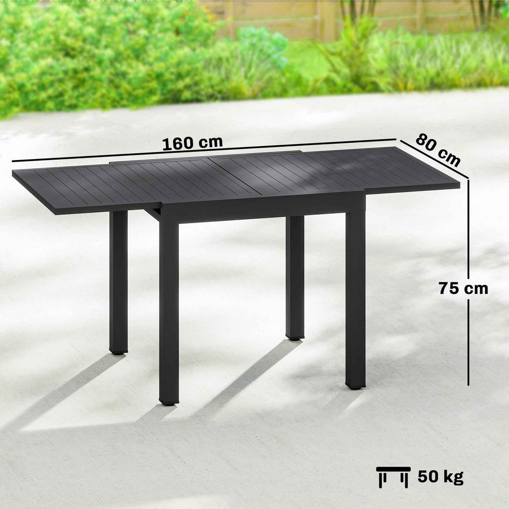 Outsunny Extendable Slatted Garden Table for 4-6 People, Aluminum, 80-160x80x75 cm, Black