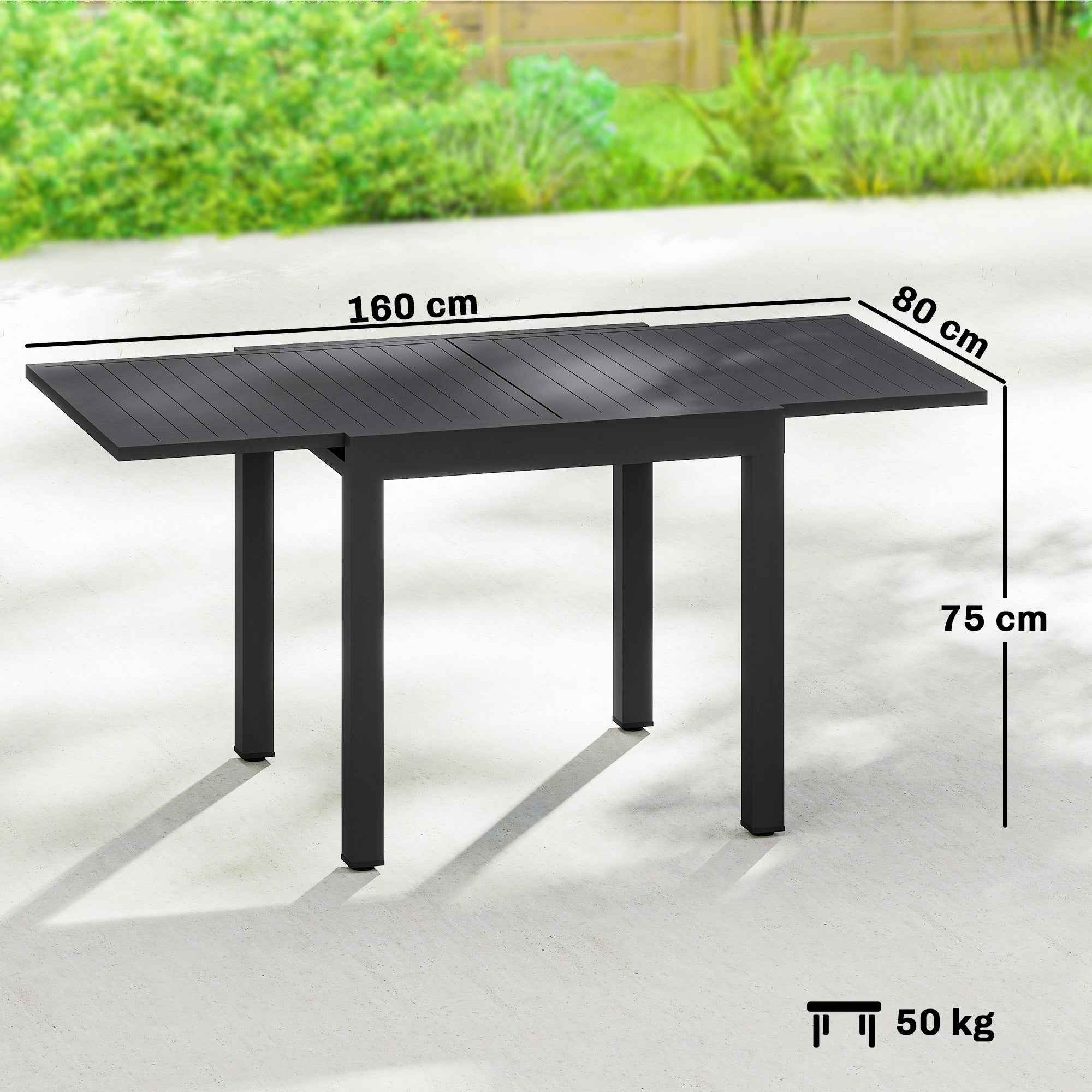 Outsunny Extendable Slatted Garden Table for 4-6 People, Aluminum, 80-160x80x75 cm, Black