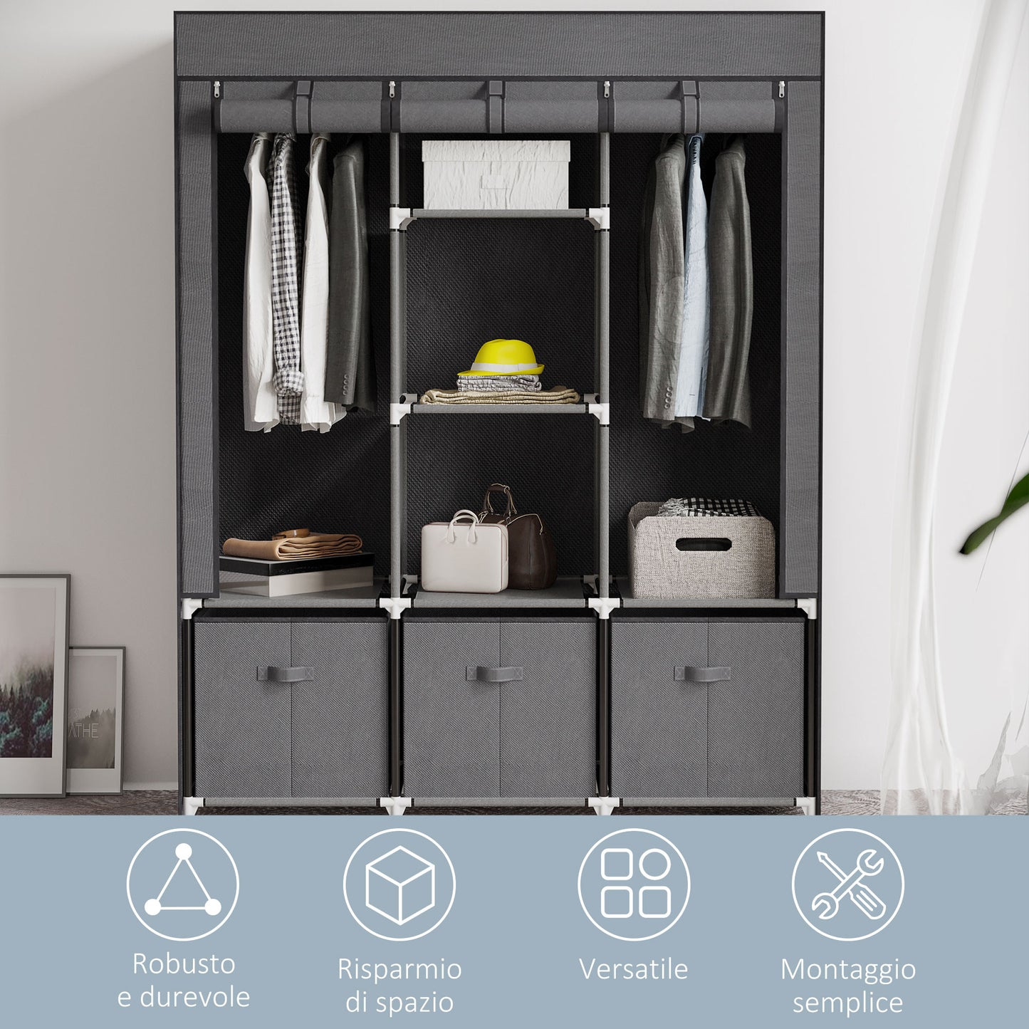 HOMCOM Folding Fabric Wardrobe with Drawers and Roller Doors with Zip, 125x43x162.5cm, Dark Gray - Borgè