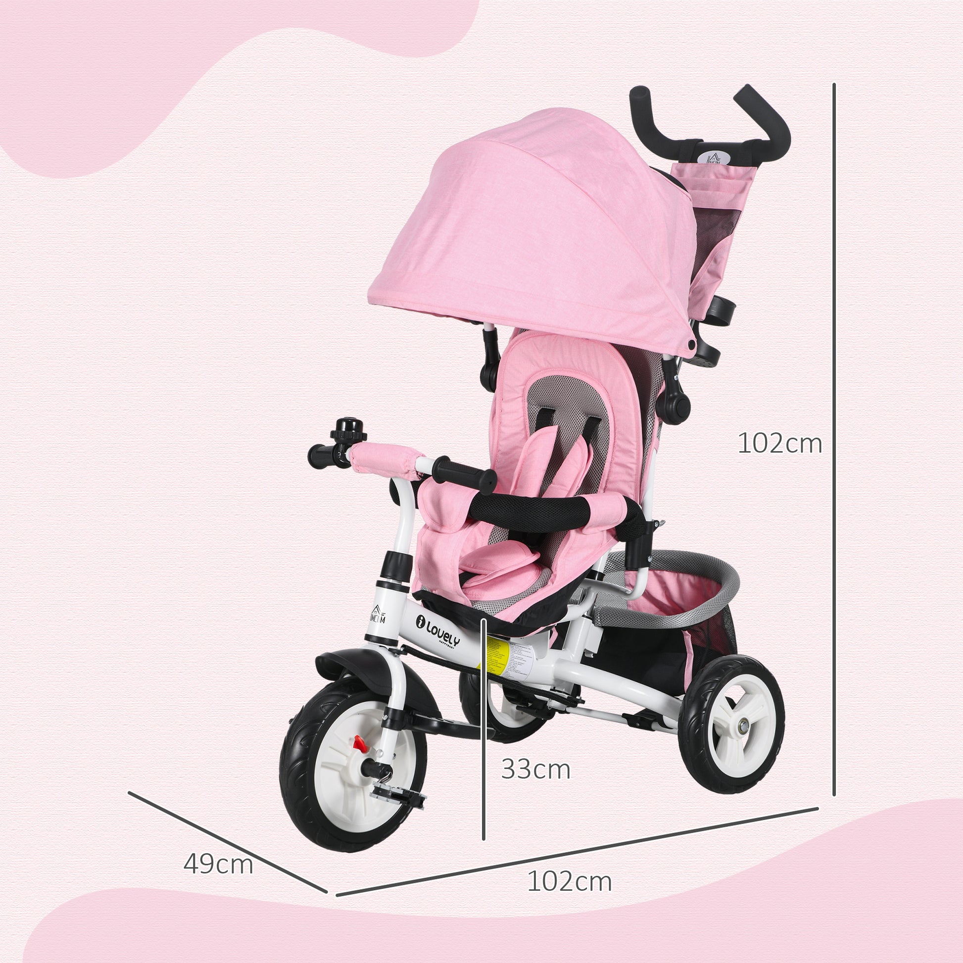 HOMCOM Tricycle for Children 1-5 Years with Handle and Adjustable Canopy, 102x49x102 cm, White and Pink - Borgè