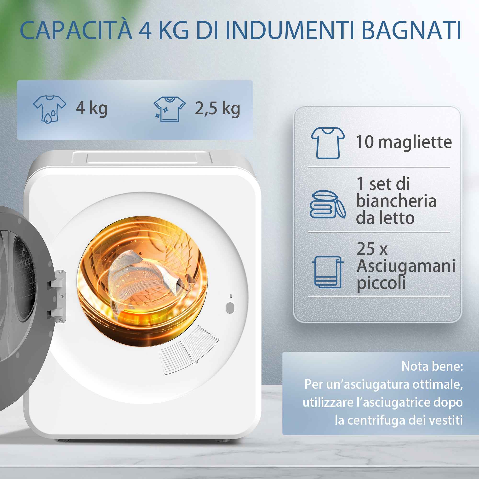 Mini Portable Dryer 4 kg, LED Display, 800W, Front Loading, Up to 60°, Stackable/Wall/Freestanding, Timer, for Home, White