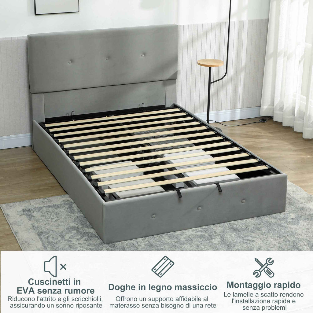 HOMCOM Storage Bed with Hidden Storage and Velvet Quilted Headboard, in Wood and Metal, 195x141x106 cm, Grey