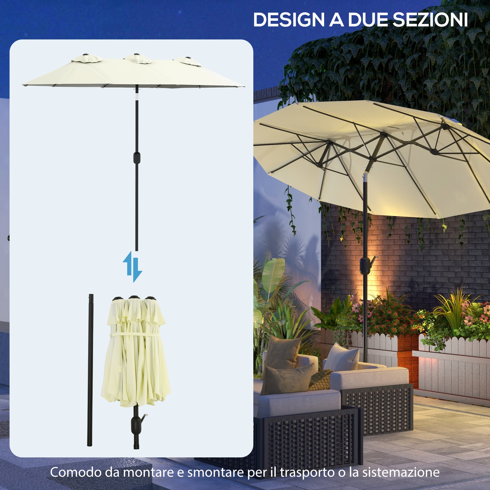 Double Tilting Garden Umbrella with Crank Opening, 285x147x227cm, Beige