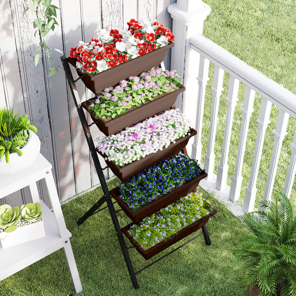 Outsunny 5-Tier Vertical Plant Stand with 5 Pots with Drainage Holes, Steel and PE, 55x63x120 cm, Brown