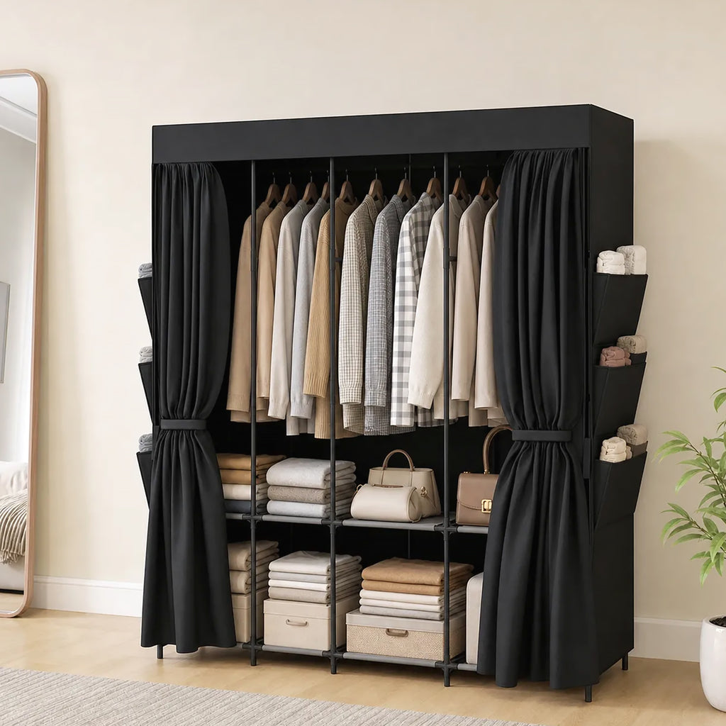 HOMCOM Space-Saving Fabric Wardrobe with 3 Rods, 3 Shelves, 6 Side Pockets, Dustproof Doors with Zip, Black