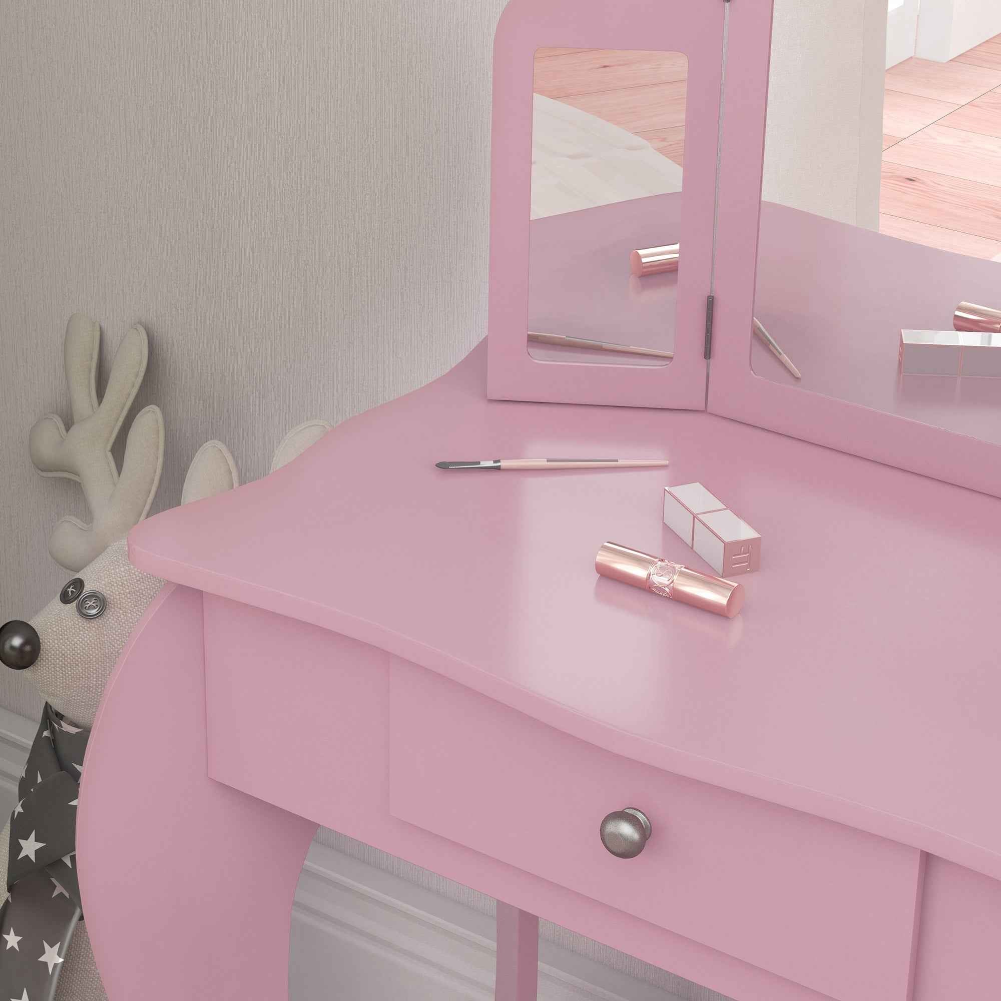 HOMCOM Children's Dressing Table with Stool and Adjustable Mirror, Girls' Dressing Table with Drawer, Pink