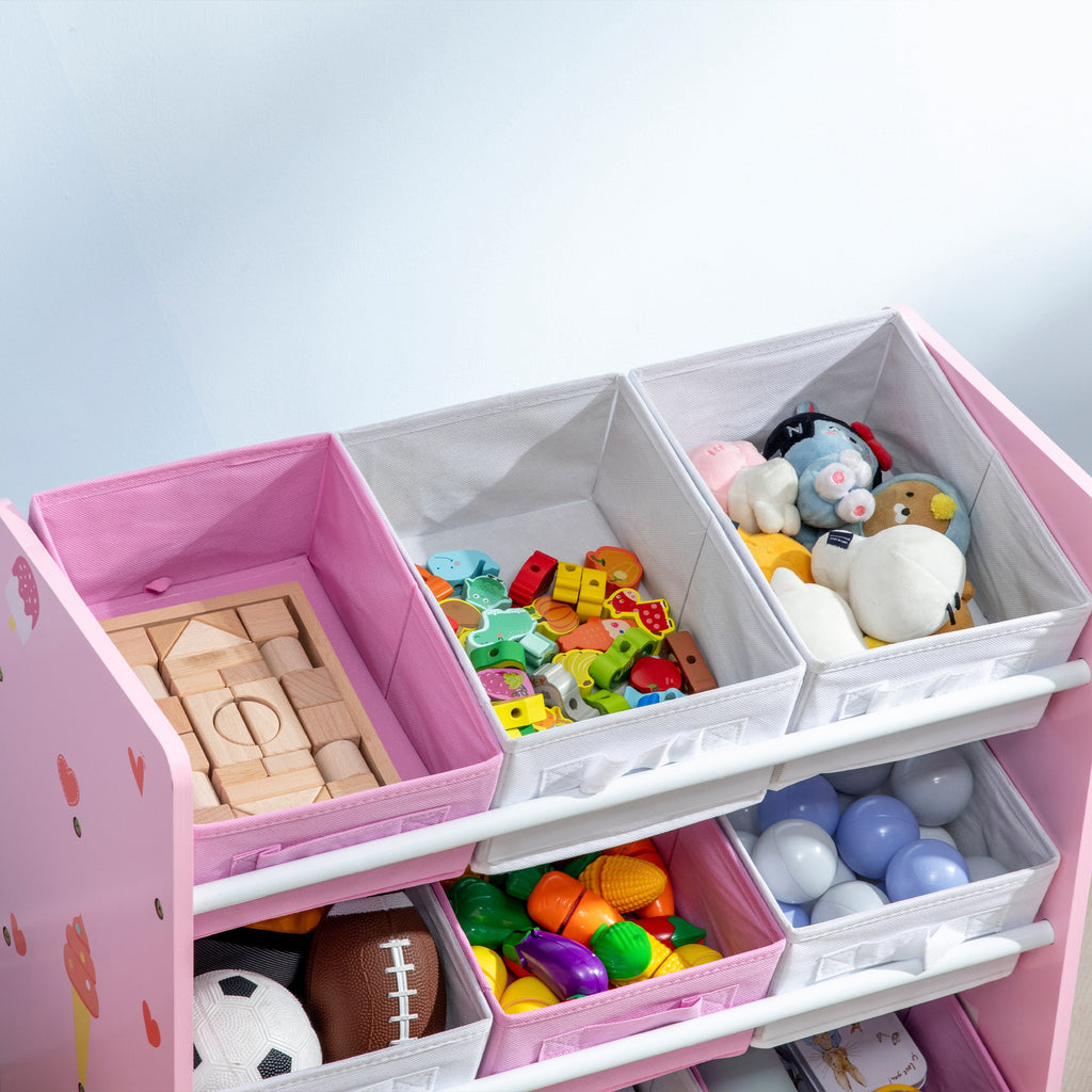 Toy Cabinet with 9 Removable Baskets in Wood and Fabric, 63x30x60 cm, Pink and White