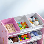 Toy Cabinet with 9 Removable Baskets in Wood and Fabric, 63x30x60 cm, Pink and White
