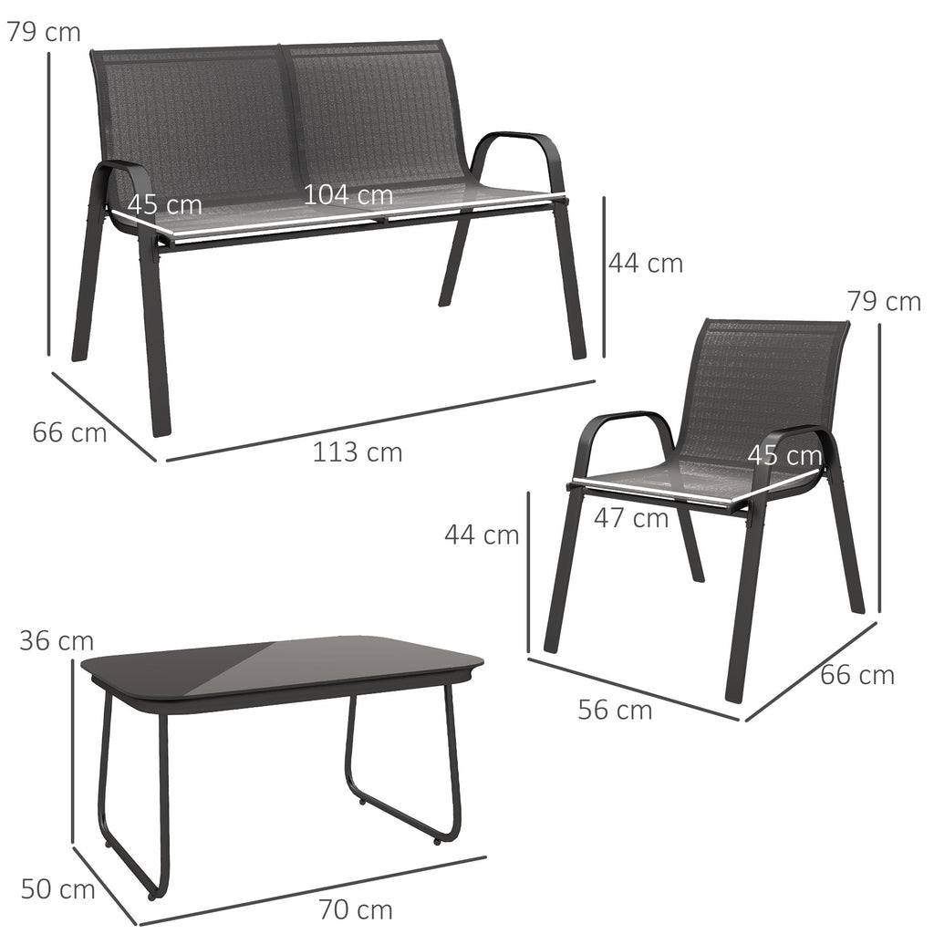 Garden Set with 2 Seater Sofa, 2 Stackable Armchairs and Glass Coffee Table, Black