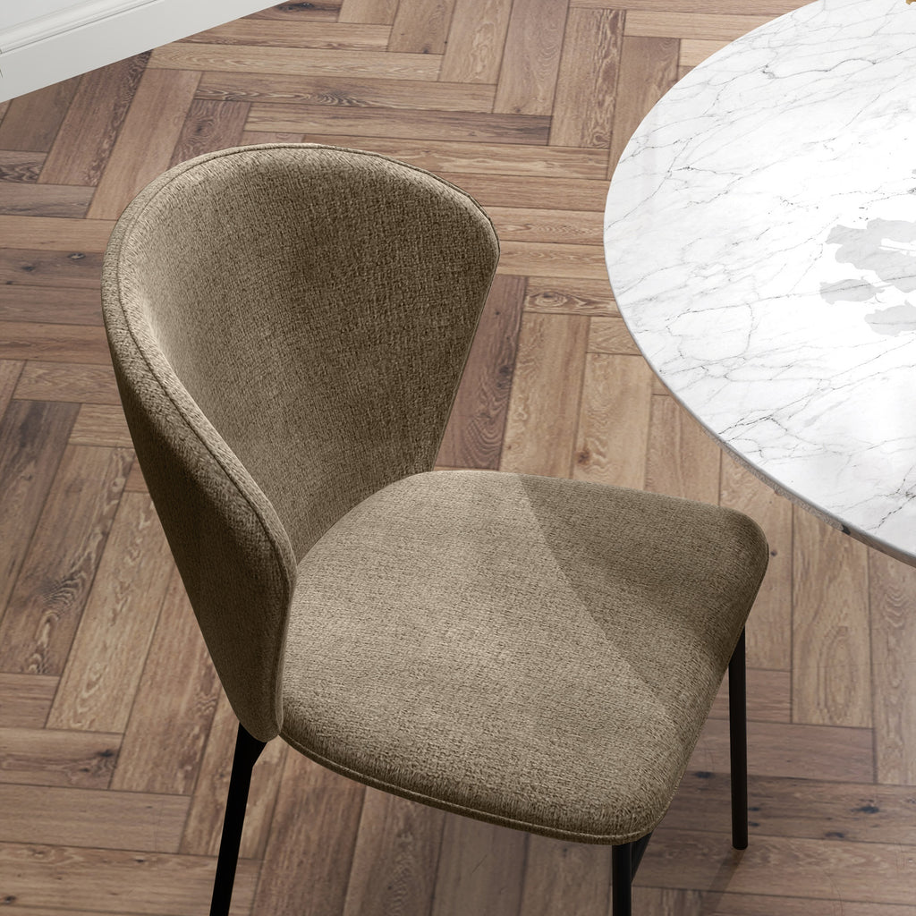 Set of 2 Dining Chairs in Steel and Linen-Effect Fabric, Padded Seat, Curved Backrest, Light Brown