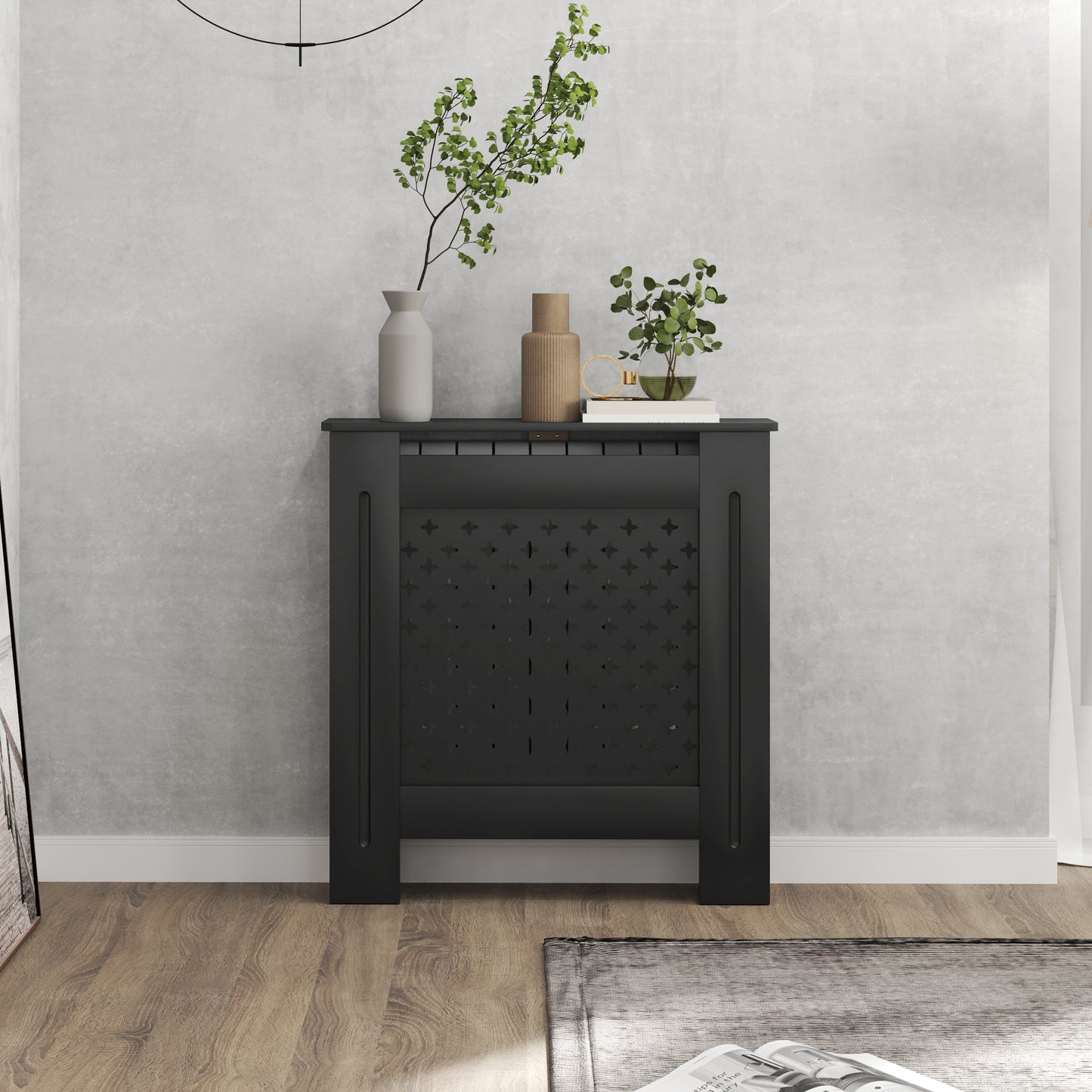 Cross-Perforated MDF Wood Radiator Cover with Shelf and Wall Mounting, 78x19x82 cm, Black