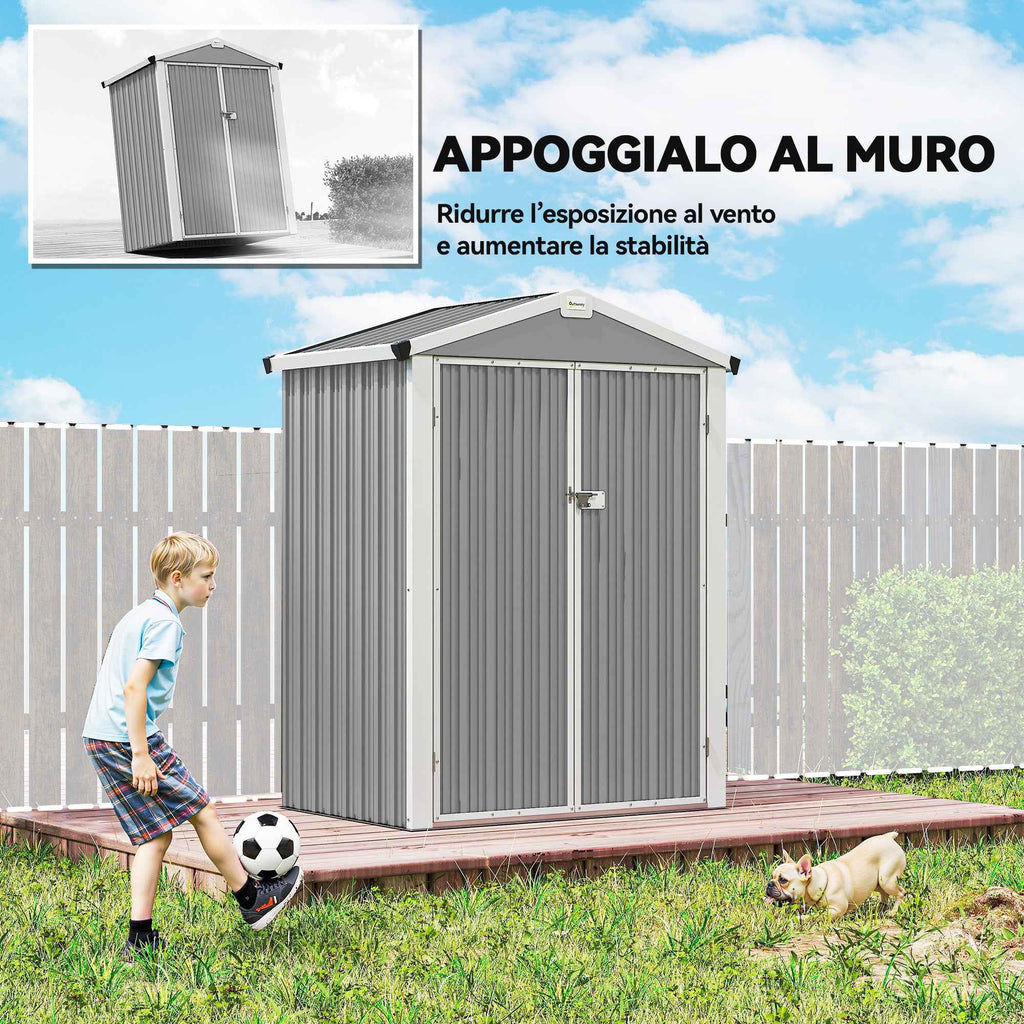 Outsunny 1.1m² Steel Garden Shed with Lockable Double Doors, 133x87x178cm, Silver Grey