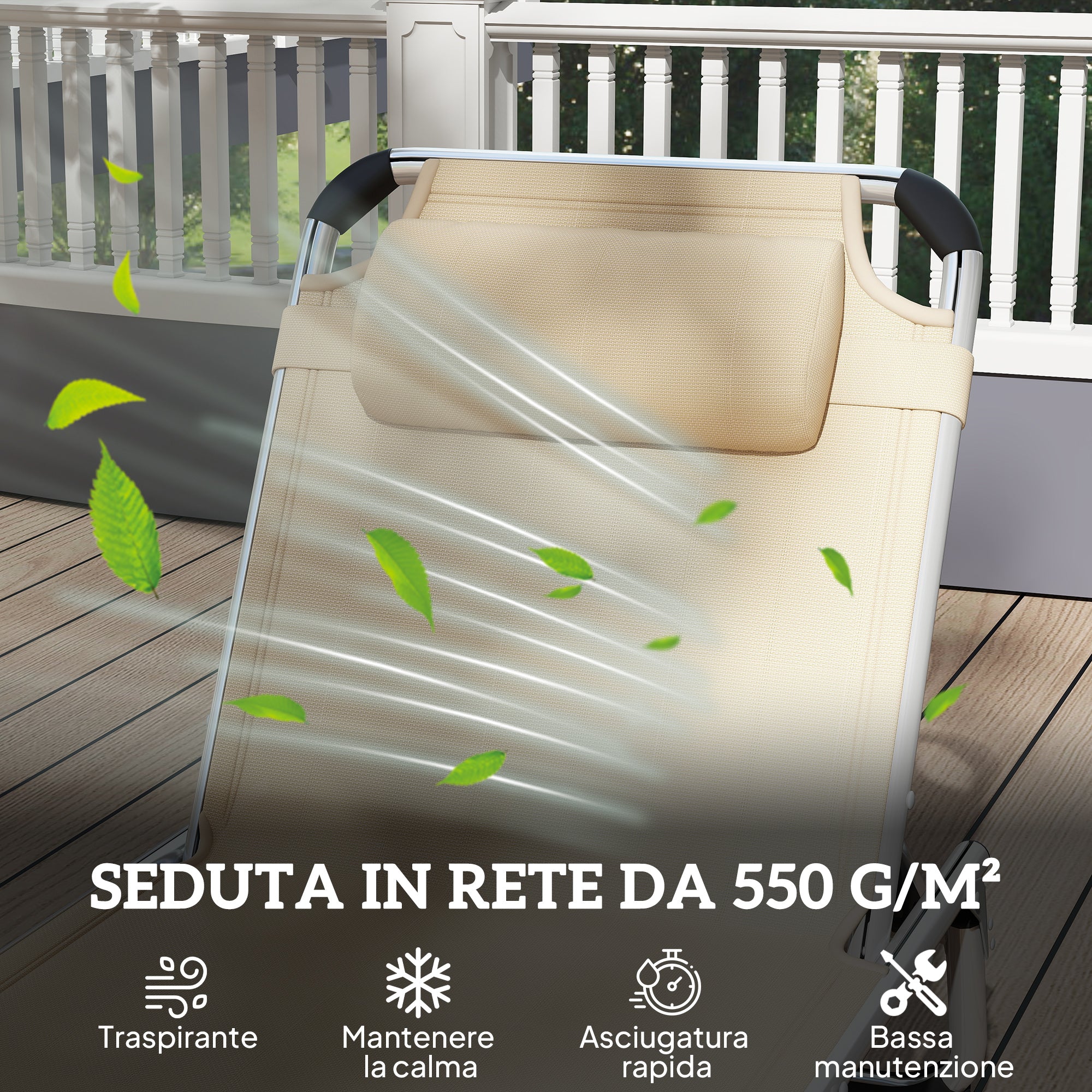 Outsunny Folding Deck Chair with Adjustable Headrest and Backrest in Aluminum, 60x165x76 cm, Beige