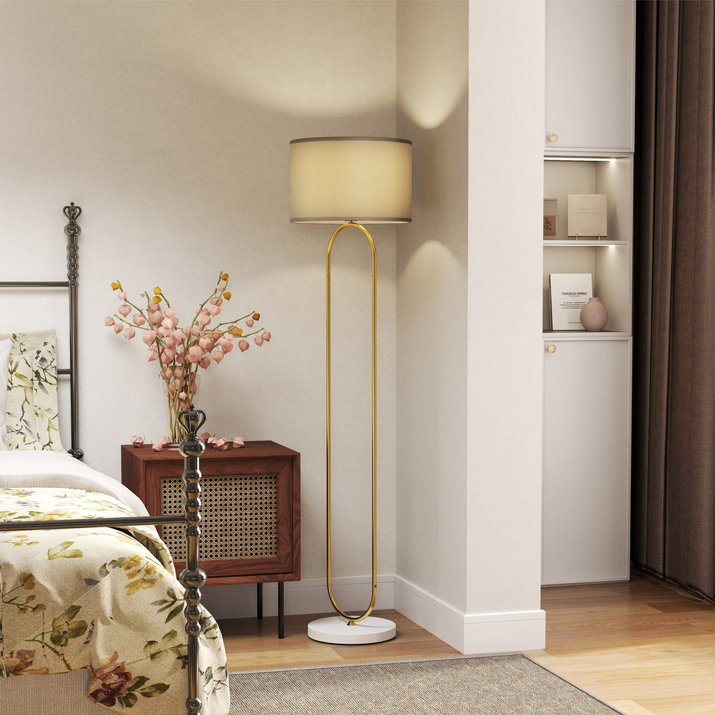 Modern Floor Lamp with Fabric Shade, Double Metal Tube and Foot Switch, Gold