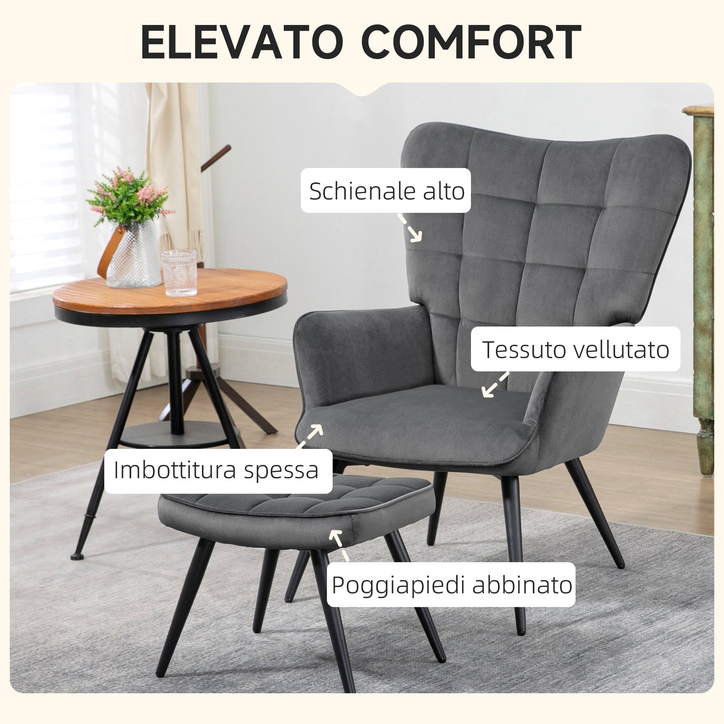 Upholstered Armchair with Armrests and Integrated Footrest in Dark Grey Velvet Effect Fabric - Borgè