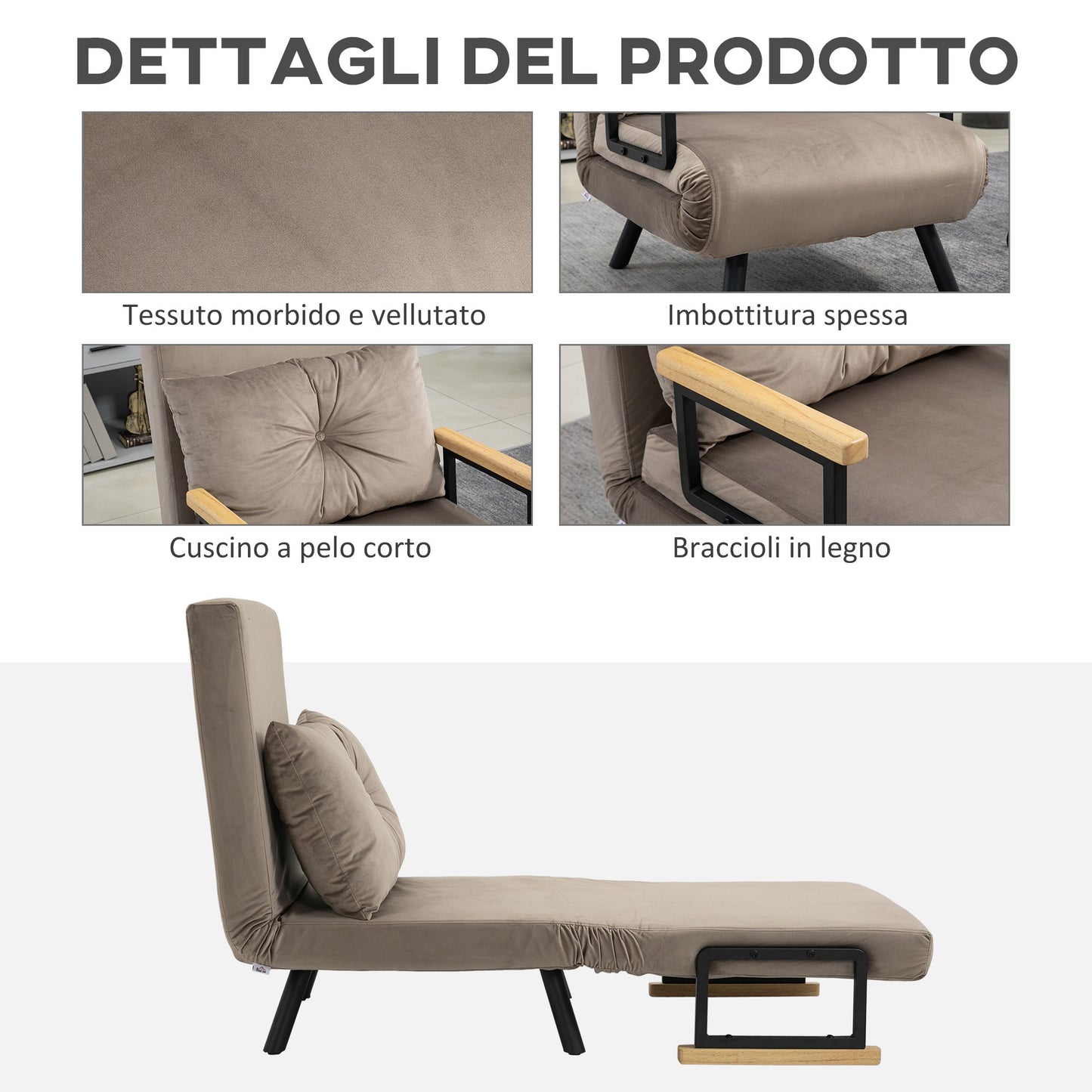 Velvet Light Brown, 3 in 1 Padded Armchair Bed with Reclining Backrest in 5 Positions and Cushion, 63x73x81 cm, Light Brown