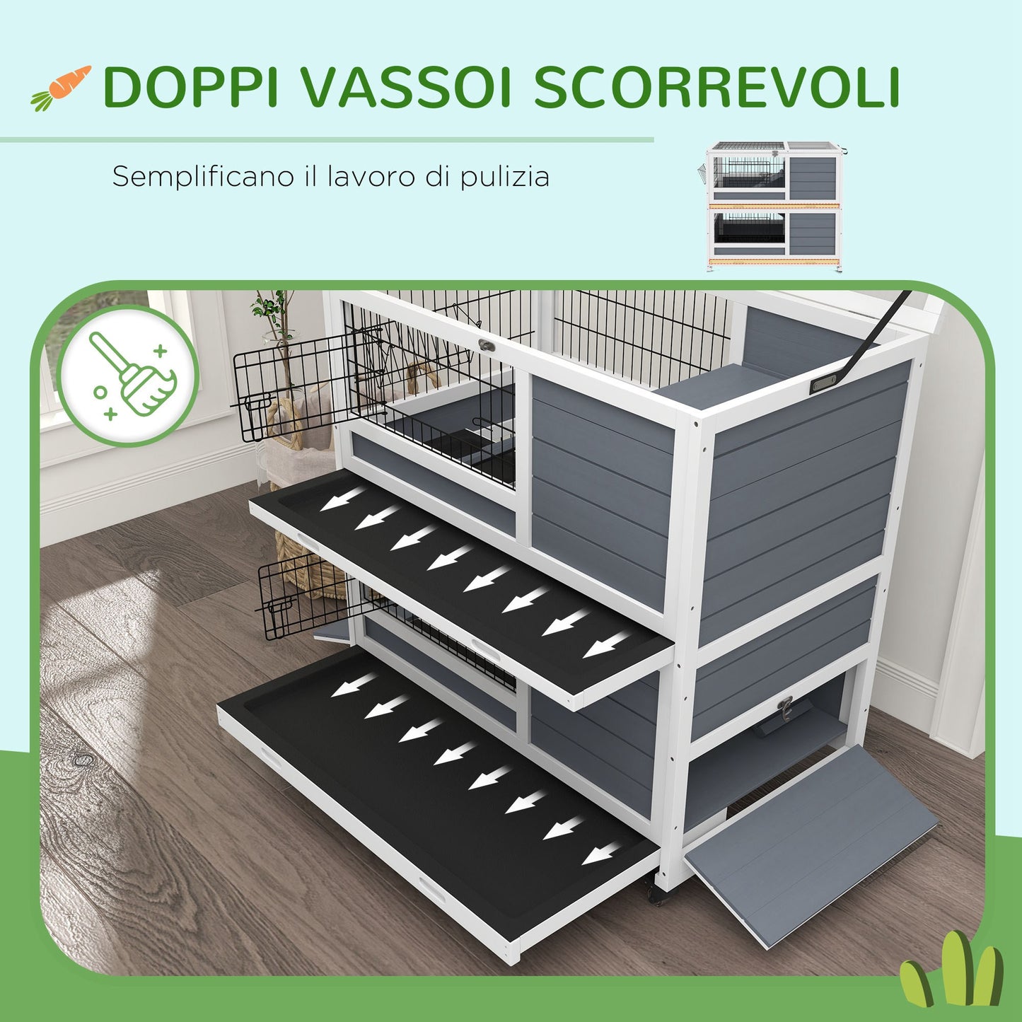 Cozy 2-Tier Indoor Wooden Hutch with Wheels, Removable Trays & Fun Ramps - Grey - Borgè