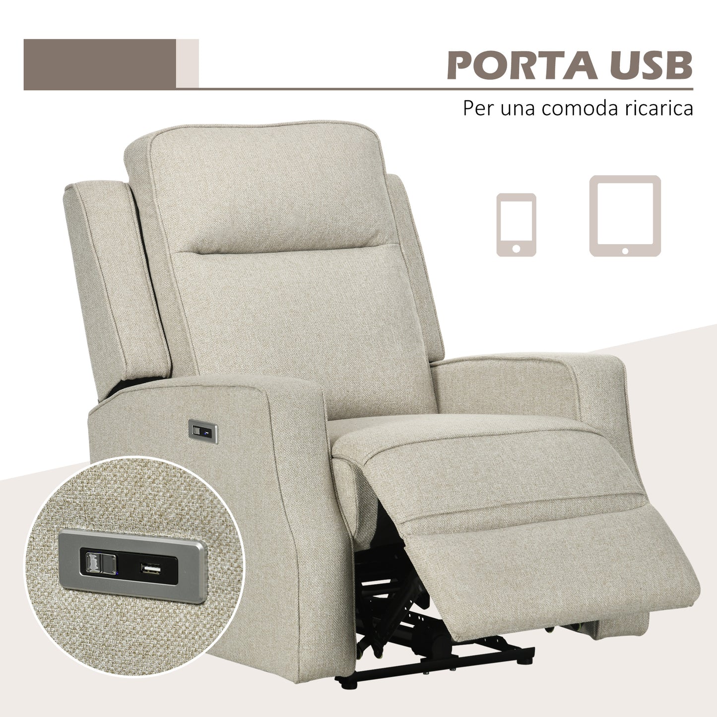 Electric Relax Chair, 150° Modern Reclining Chair with USB for Living Room Bedroom, Beige, 84x92x104cm