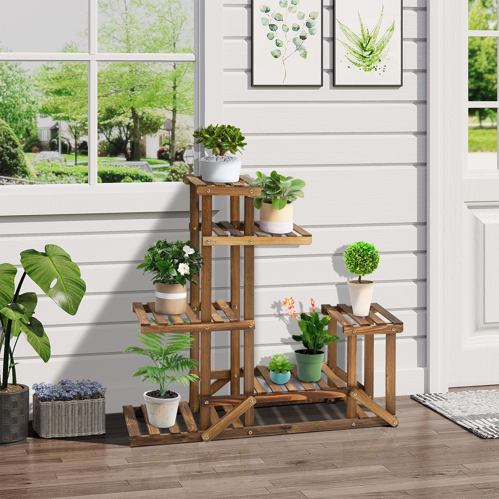 6-Tier Asymmetrical Wooden Plant Stand for Garden and Home, 98x28x96.5cm