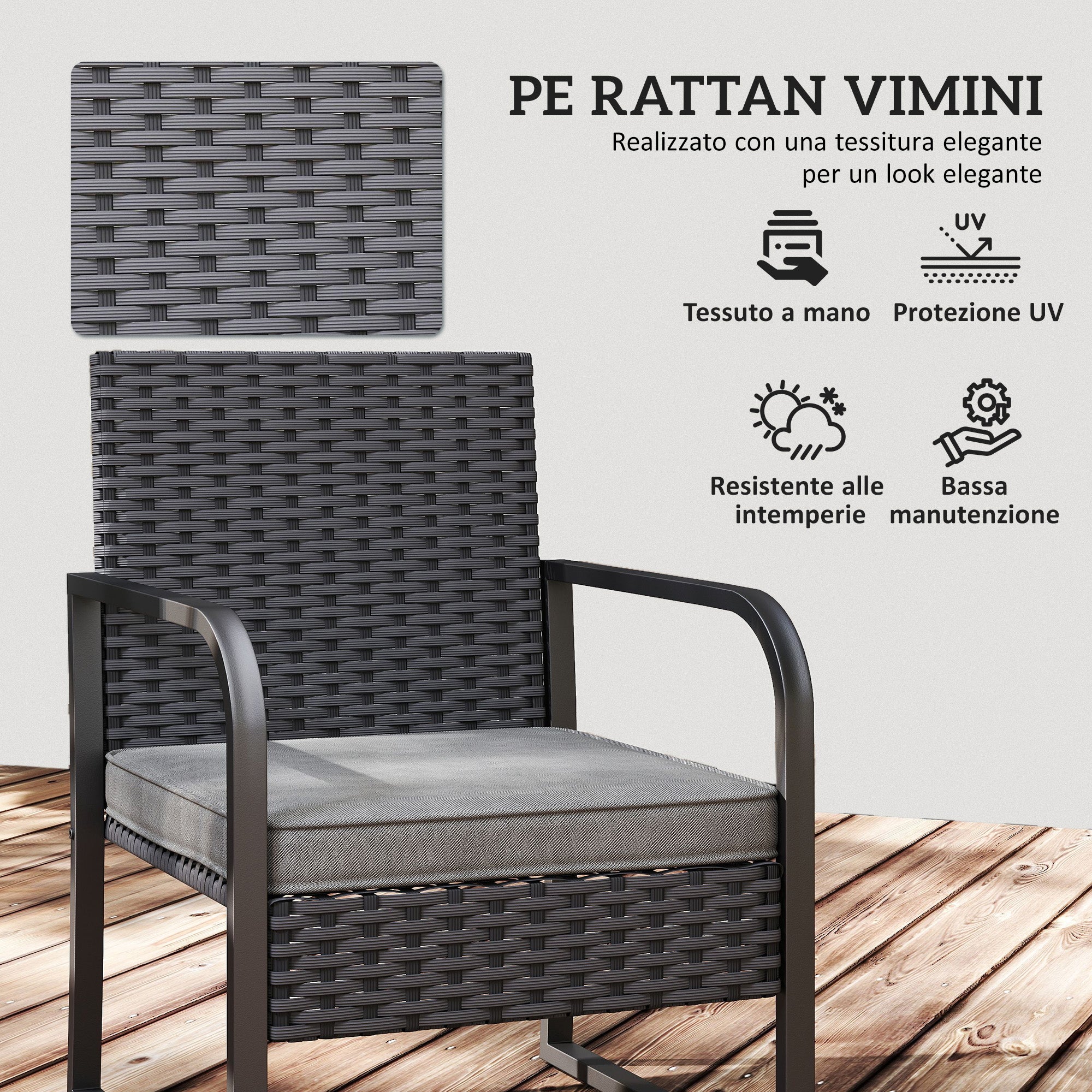 Outsunny Rattan Garden Lounge Set with 2 Outdoor Armchairs and Glass Top Coffee Table, Black