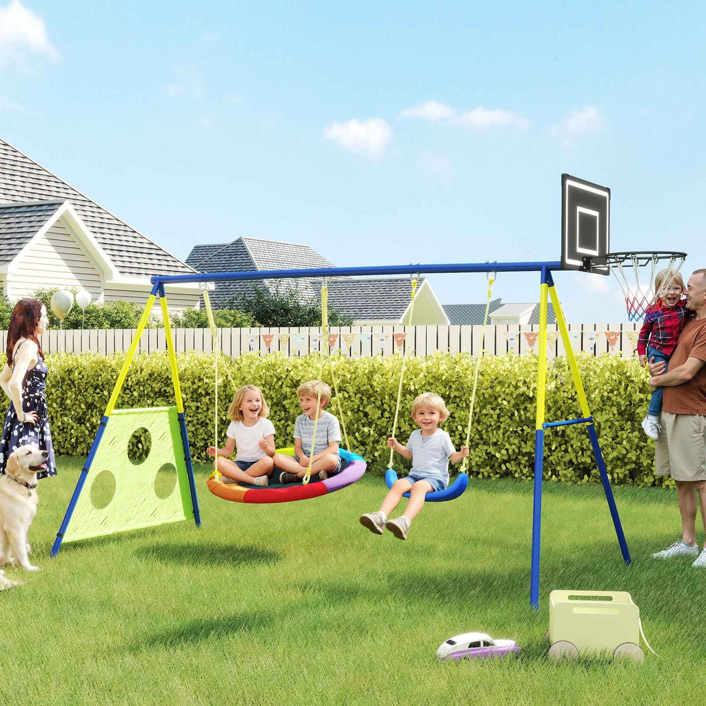 4-in-1 Garden Swing Set for Kids Ages 3-8 with 2 Swings, Basketball Hoop and Soccer Goal