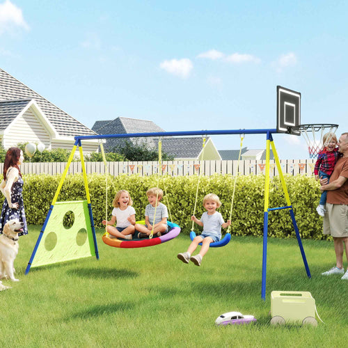 4-in-1 Garden Swing Set for Kids Ages 3-8 with 2 Swings, Basketball Hoop and Soccer Goal