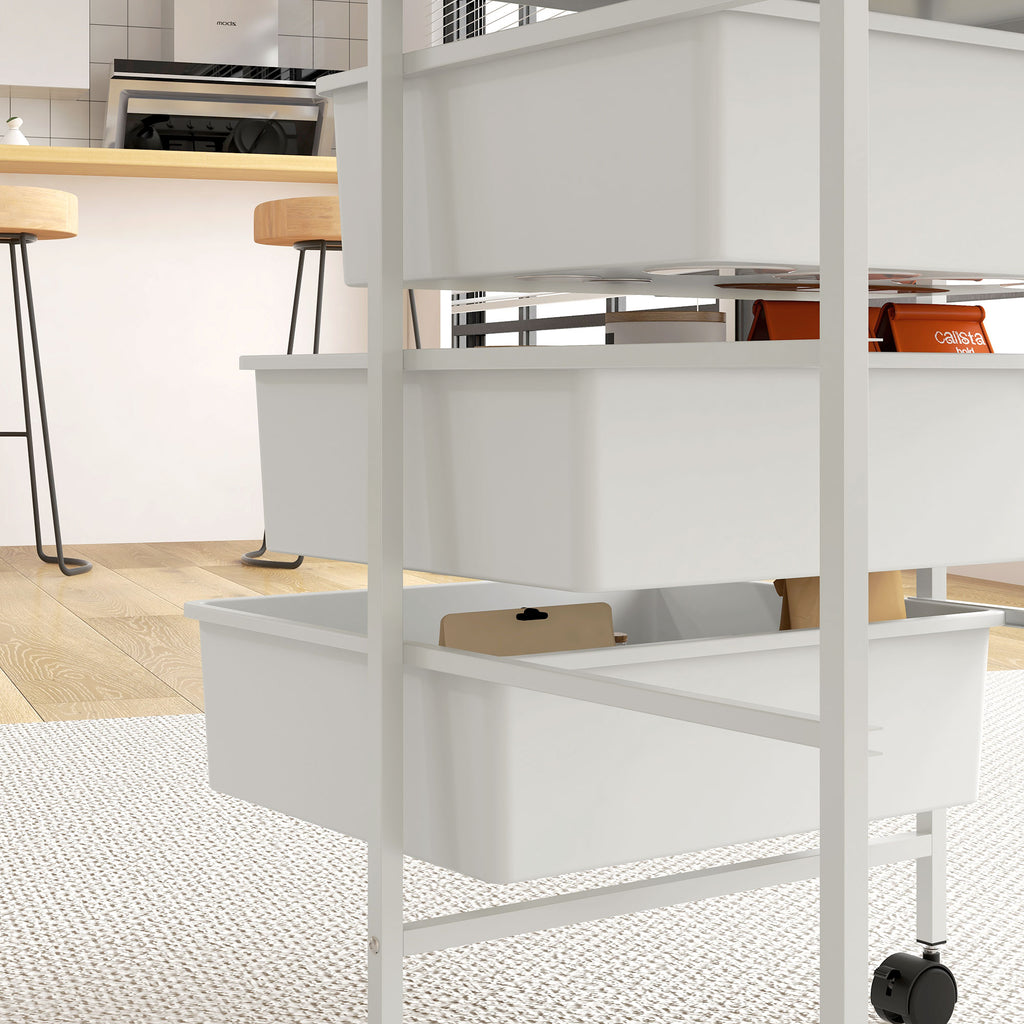 HOMCOM Multipurpose Trolley with 3 Removable Baskets and Wheels for Kitchen and Office in Steel and PP, White - Borgè