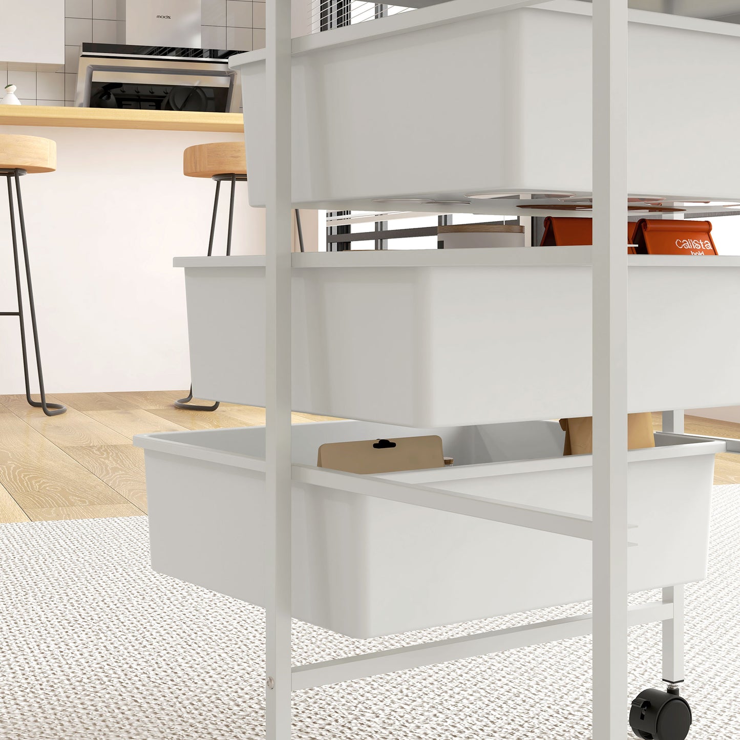 HOMCOM Multipurpose Trolley with 3 Removable Baskets and Wheels for Kitchen and Office in Steel and PP, White