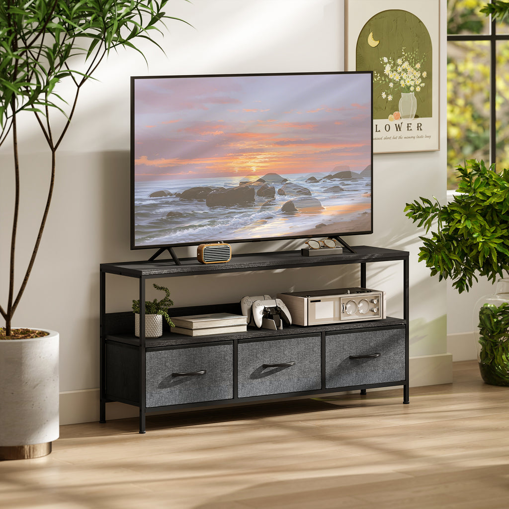 HOMCOM 55" TV Stand with Folding Fabric Drawers and Metal and MDF Shelf, 120x29x56cm, Black