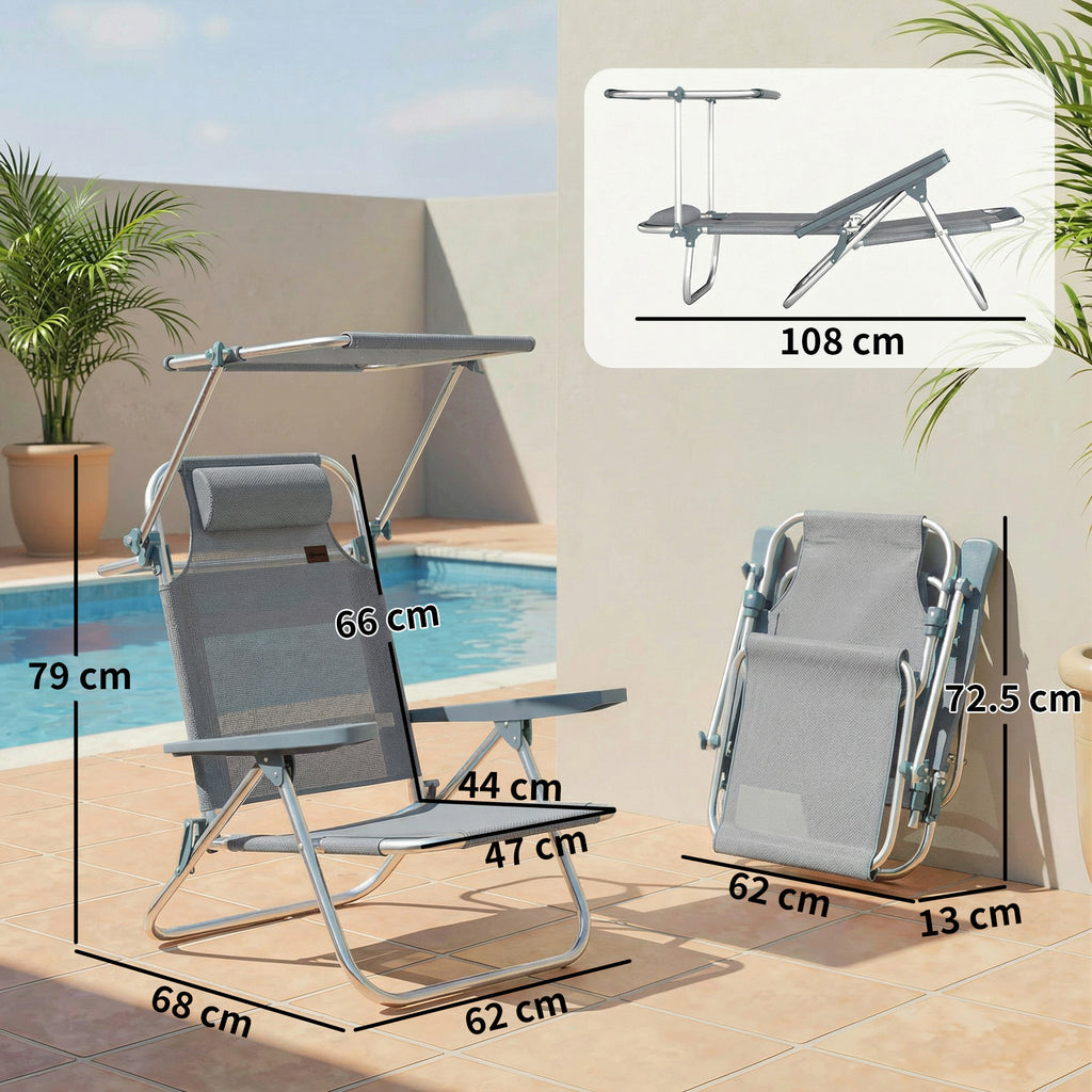 Outsunny 6-Level Reclining Deck Chair with Adjustable Canopy and Headrest, Aluminum and Mesh, 62x68x79, Gray