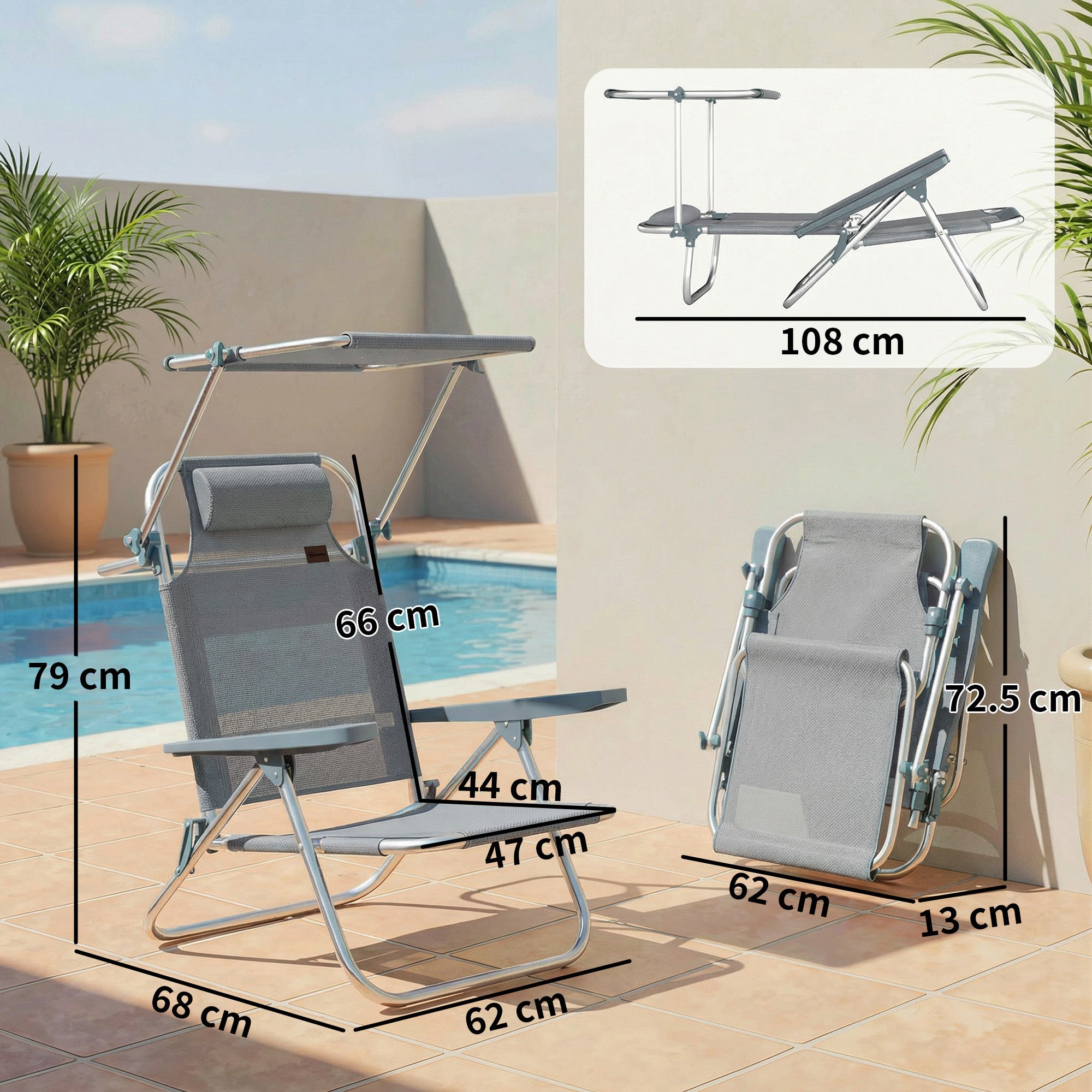 Outsunny 6-Level Reclining Deck Chair with Adjustable Canopy and Headrest, Aluminum and Mesh, 62x68x79, Gray