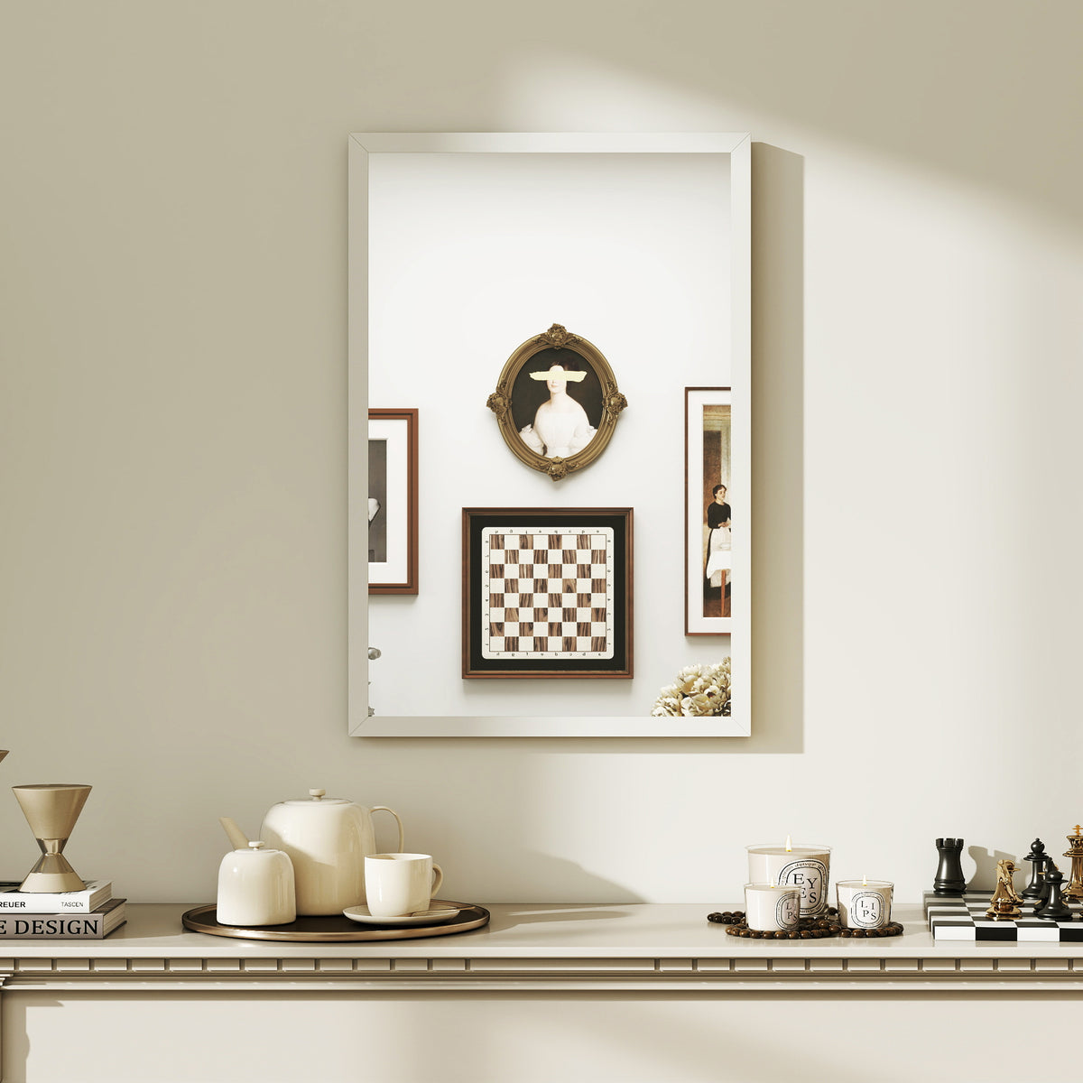 HOMCOM Rectangular Wall Mirror with Hooks, Glass and MDF Wall Mirror, 40x60 cm, White