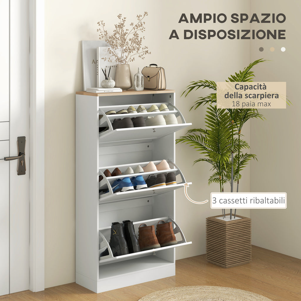 Space-Saving 3-Drawer Shoe Rack with 2-Tier Adjustable Shelves, Wooden, 60x23.5x115 cm, White
