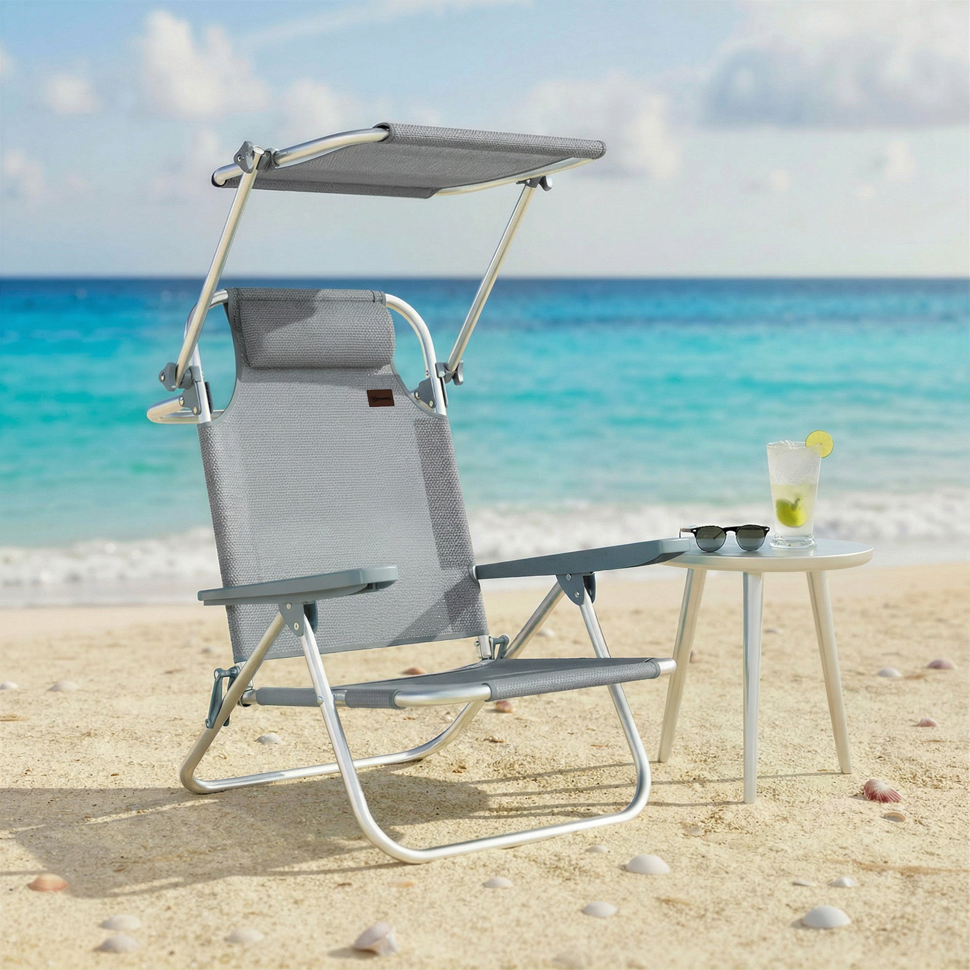 Outsunny 6-Level Reclining Deck Chair with Adjustable Canopy and Headrest, Aluminum and Mesh, 62x68x79, Gray
