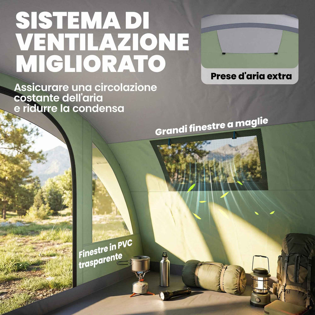 Outsunny Large Multi-Room Tent for 2-4 People, with Windows and Veranda, Green