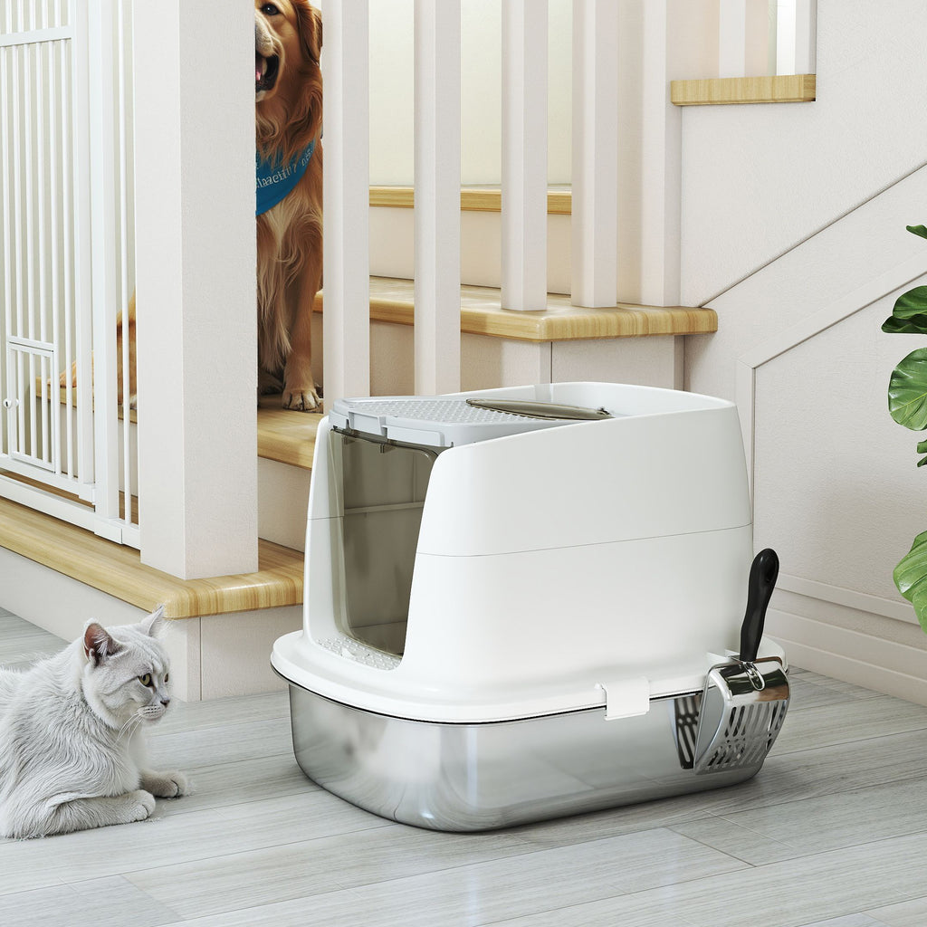2-Bay Enclosed Cat Litter Box with Deodorizer and Scoop, 52.4 x 41.3 x 39.8 cm, White