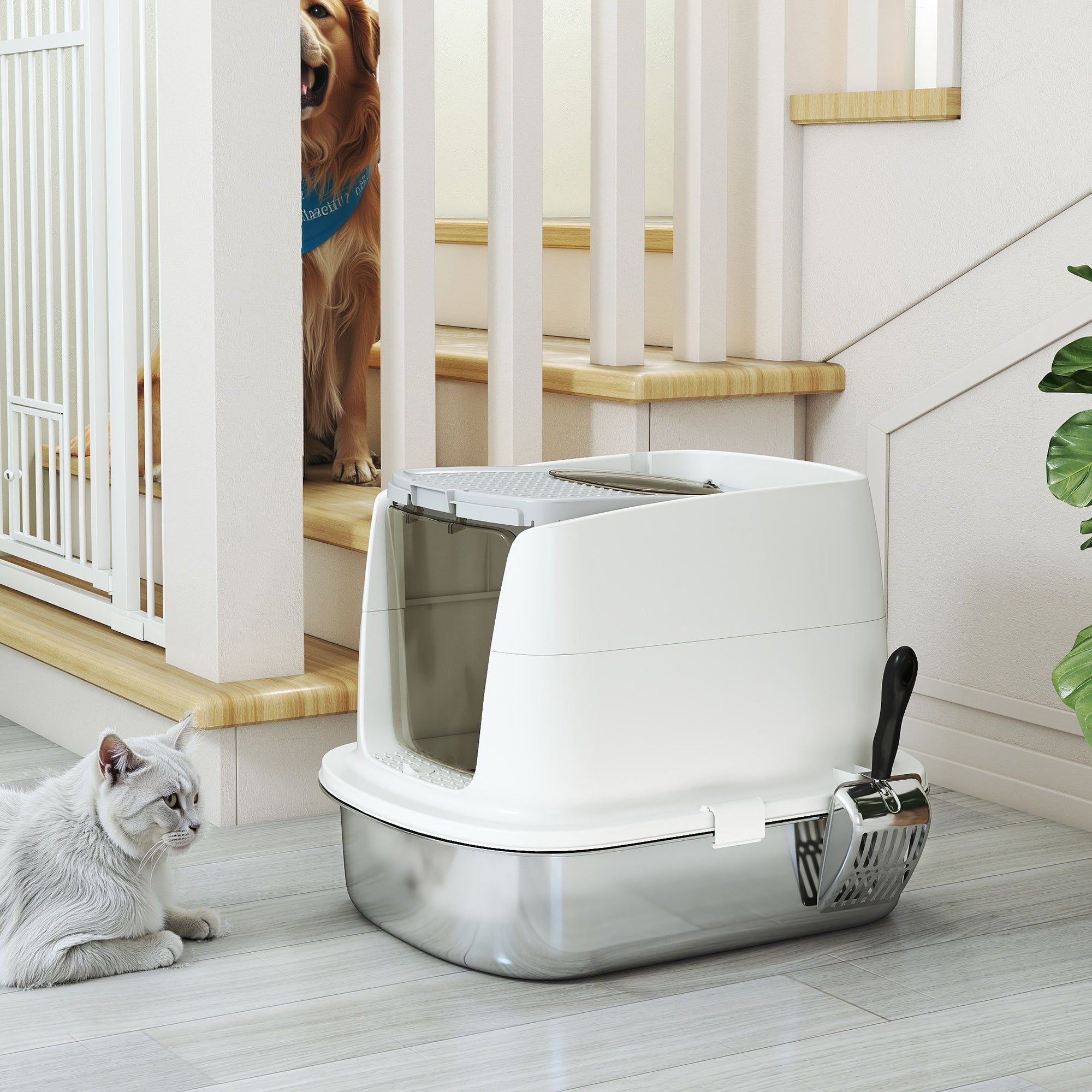 2-Bay Enclosed Cat Litter Box with Deodorizer and Scoop, 52.4 x 41.3 x 39.8 cm, White