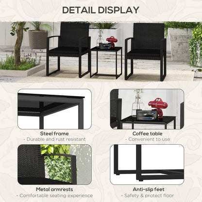 Black Rattan 3 Piece Garden Set with 2 Chairs with Cushions and Glass Top Table, Black Rattan Effect - Borgè