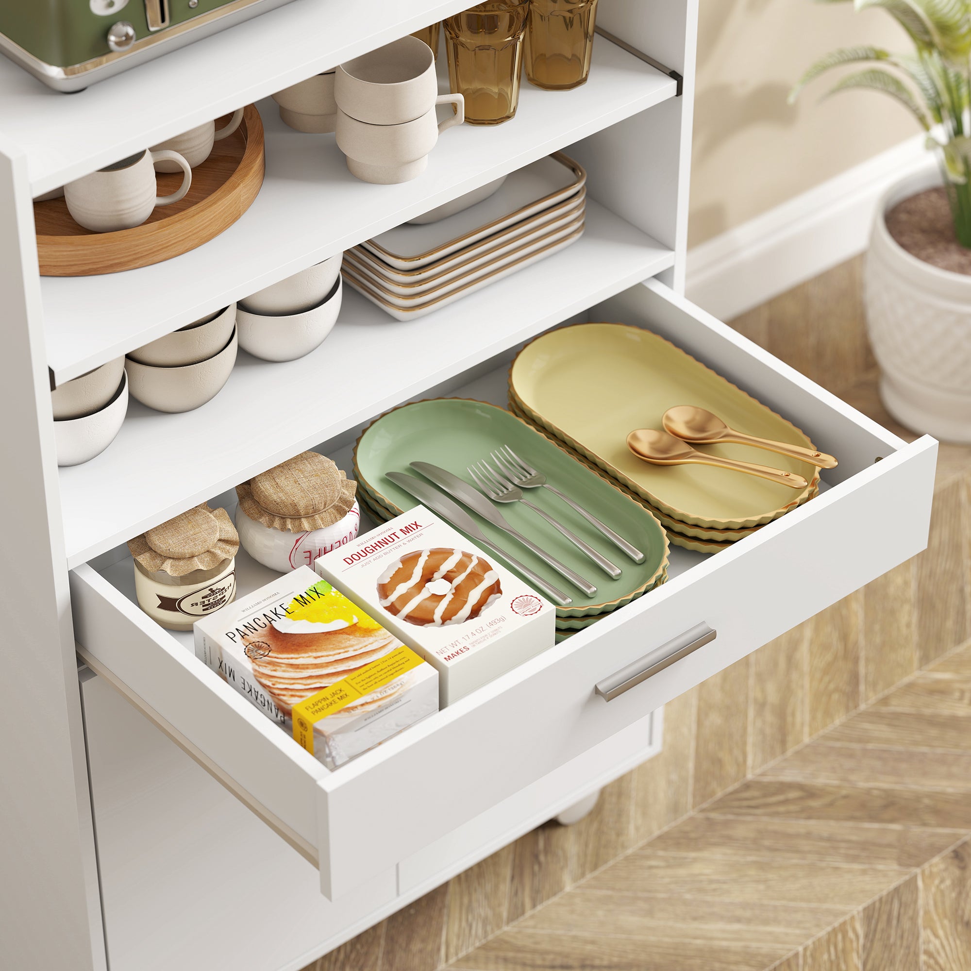 Wooden Microwave Cabinet with Drawer, 2-Door Cabinet and 2 Shelves, 59x40x92 cm, White