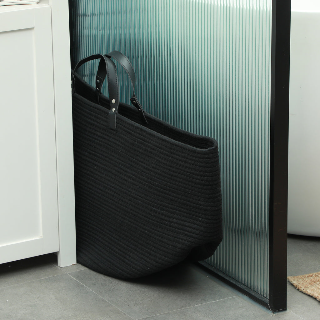 88L Portable Foldable Laundry Hamper with Natural Cotton Handles, Ø56x35.5 cm, Black