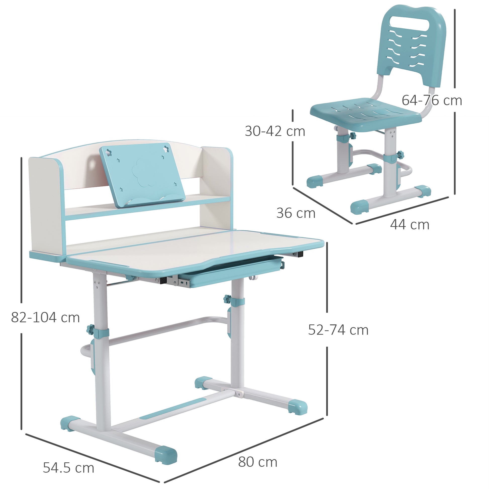 Zonekiz set for children's desk with height adjustable chair and tilted plan, age 6-12 years, blue - Borgè