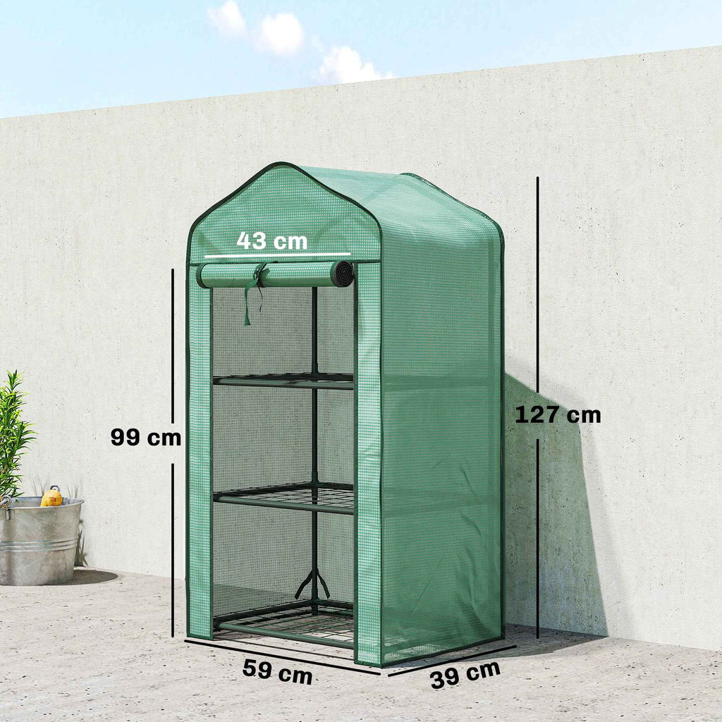 Outsunny Mini Garden Greenhouse with PE Cover, 3 Shelves and Roll-Up Door, 59x39x127cm, Green